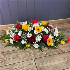 Coffin spray red white and yellow